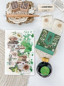 Book of Botany, the newest ink from The Ferris Wheel Press is a glorious green, non-shimmer, lush, and rich. This one and Emerald Gardens are my favorite shades of green among their green inks. Use code JA-BK to save. #ferriswheelpress #ink #inks #fountainpen #fountainpenink #writingink #stationery #journaling #inkswatch #journalcommunity #artjournal #junkjournal #creativejournaling #artjournal #journalinspiration #mixedmedia #scrapbook #diecuts #scrapbooking #collage | BK Paper Stories