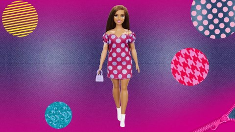Barbie Fashionistas Doll #171, Curvy, Vitiligo, Long Brunette Hair, Off-Shoulder Polka Dot Dress, Purple Purse, White Boots,Toy for Kids 3 to 8 Years Old