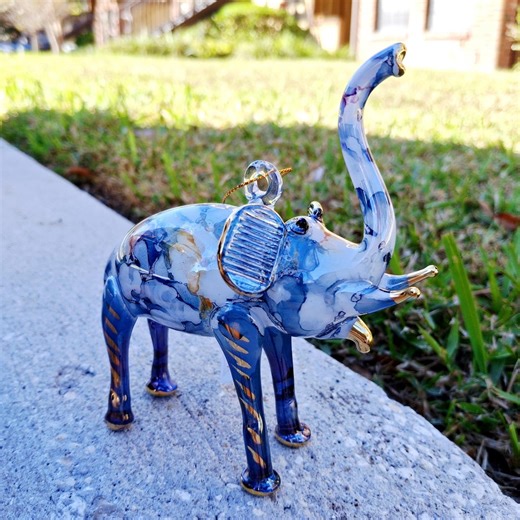 Blue-marble Glass Elephant Ornament | Mouth-blown Pyrex | Lucky Elephant Decor - Etsy