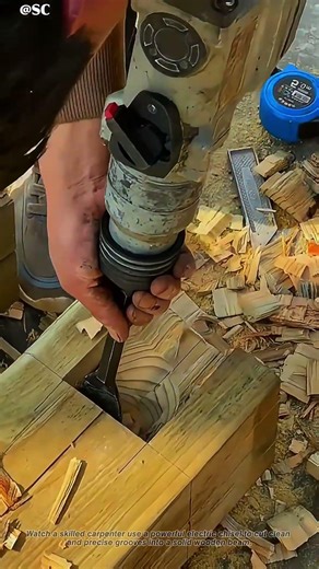 Carpenter Uses a Power Chisel to Cut Perfect Grooves in a Wooden Beam ⚡