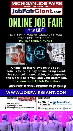 Michigan’s very first AI-powered Online Job Fair, brought to you by JobFairGiant.com! We’re thrilled to invite you to this dynamic 7-day event where you can discover fantastic job opportunities throughout Michigan. | Detroit Community Information Network