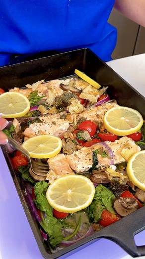 20K views · 32 reactions | Easiest homemade dinner! Amy makes her favorite one pan salmon dinner with lemon, salmon, tomatoes, and onions all topped with crispy salmon skin. | Anyone Can Cook | Facebook