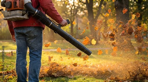 Person with Leaf Blower Blowing Autumn Leaves in Park