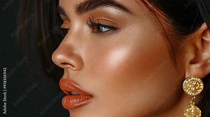 Gorgeous woman profile portrait with a dark brown hairstyle and a bob of golden earrings. Beautiful model face with plump lips and a flawless nose