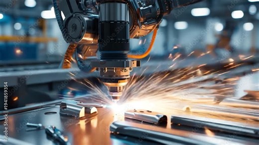 Laser cutter sparks while manufacturing metal components in a factory setting