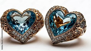 Two heart-shaped blue topaz rings, set in gold and surrounded by diamonds, shine brightly on a white background