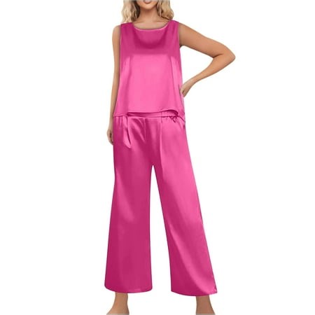 TopLLC Pajama Sets Lounge Sets for Women ,Women'S Sleepwear Women's Silk Satin Pajama 2 Piece Outfits Sleeveless Tank Crop Top And Wide Leg Pants Set With Pockets Pajama Sets - Walmart.ca