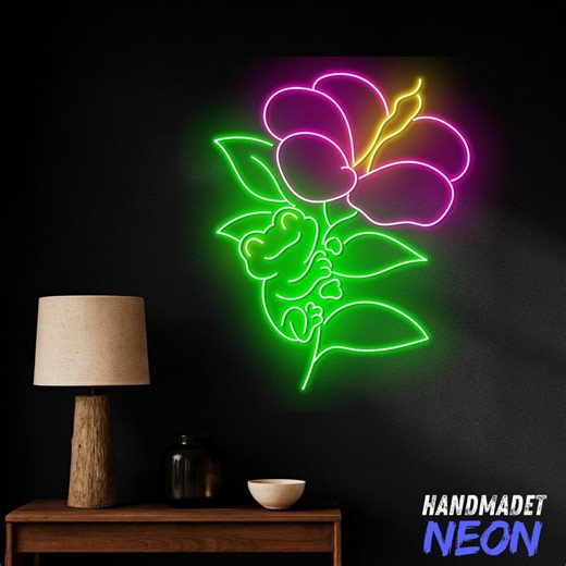 LED Frog With Hibiscus Neon Light, Tropical Flower Wall Sign, Beach Bar Decor, Nature Neon, Summer Room Light - Etsy