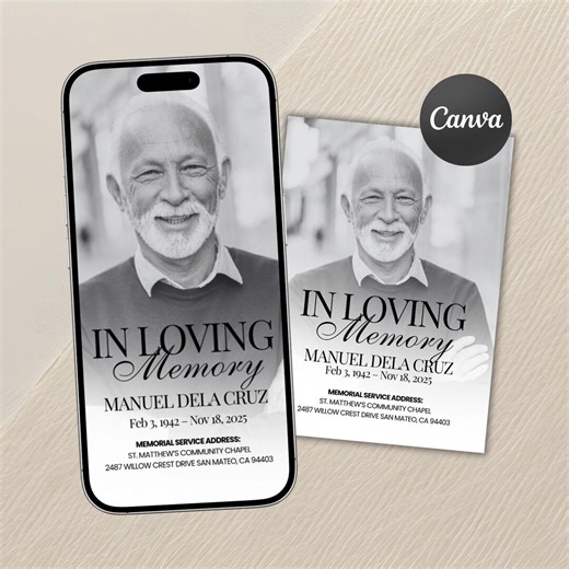 Memorial Service Invitation, Funeral Announcement Template, Black & White Funeral Announcement, Celebration of Life Invite, Memorial Evite - Etsy