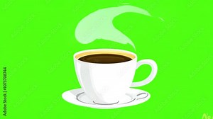 Cup of hot coffee animation on green screen background. Cartoon espresso cup animation on a green screen. Espresso cup icon animation with key color. Chroma color. 4K video