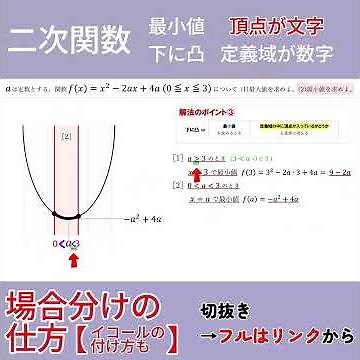 【高校数学/二次関数│最大値最小値問題】場合分けの仕方【イコールの付け方】#頂点が文字#定義域が数字#二次関数#最小値#場合分け#数学#高校数学#下に凸