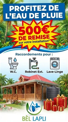 🌧️ Marre de gaspiller votre eau potable ? Passez à l'eau de pluie ! (Et économisez gros ce mois-ci) Vous utilisez de l'eau potable pour la chasse d'eau, arroser le jardin ou laver votre linge ? C'est un gaspillage inutile de ressources... et de votre argent ! Imaginez : vous pourriez utiliser l'eau abondante qui tombe gratuitement du ciel pour toutes ces tâches. 👉 BÈL LAPLI vous offre la solution idéale : l'installation clé en main d'une citerne de récupération d'eau de pluie. 🎁 OFFRE SPÉCIAL