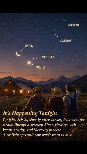 😯👉Western Sky Treat Tonight — February 21 Soon after sunset, the western horizon will offer a peaceful yet stunning sky show. A slim crescent Moon will hang low in the twilight, its bright edge gently glowing as the sky darkens. If the air is clear, you might also notice a faint glow on the Moon’s dark side — a soft earthshine caused by sunlight reflecting off Earth, adding an extra touch of beauty. Close by, dazzling Venus will shine brightly, easy to spot even before the sky gets fully dark.