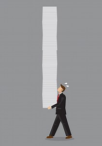 Cartoon business professional carrying a overwhelming stack of paper...