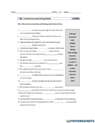 Linking words interactive worksheet for B1