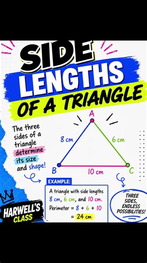 Side Lengths of a Triangle! Remember take the two smallest side lengths and if they are greater than the last side they will from a triangle. Ex. 7, 8,9 side lengths will form a triangle because 7 8 =15 and 15 is greater than 9 Unlike 2,7 9 side lengths will NOT form a triangle because 2 7=9 and 9 is not greater than the last side 9. #Practice #Math #FYP #Viral #Dallas
