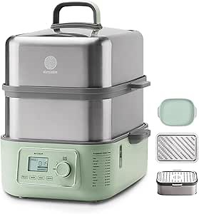 BUYDEEM G67US-A503 Electric Food Steamer for Cooking, 2 Tire Stainless Steel Steamer with Manual Mode, 1500W, 14 Quart, Green