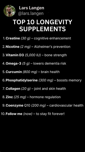 3.2K views · 24 reactions | Follow Lars.Langen if you want to stay healthy & fit forever! #longevity #supplements #creatine #nicotine #omega3 #phosphatidylserine #coenzymeQ10 #collagen #vitaminD3 #zinc #curcumin #fit | Lars.Langen | Facebook
