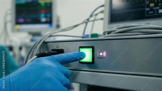 Surgery technology robotic telesurgery control panel with surgeon hand pressing glowing green button modern hospital operating room for advanced