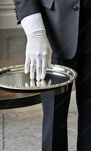 silver a butler gloved hand tray holding s silver service tray hand white servant isolated waiter empty arm man metal male offer carry catering concept 1 serve single person eatery formal closeup