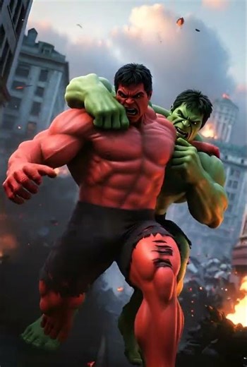A Marvel film still of Red Hulk and Green Hulk in combat