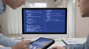Smart AI cyber bot autocode deep tech tools help write prompt auto code text screen. Group IT team people Autocoding typing work on predict big data center office reskill upskill STEM expert skill job