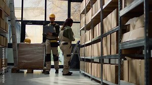 Experienced employees walking through warehouse aisles checking labels on cardboard boxes sitting on shelves, inputing updated merchandise info on online ecommerce website