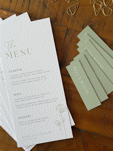 Elegant Green Wedding Menu and Name Card With Paper Clip - Etsy