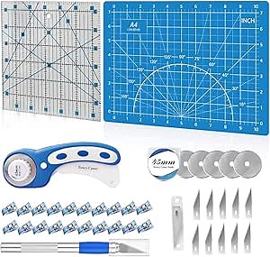 39 Pcs Rotary Cutter Set Blue - Quilting Kit incl. 45mm Fabric Cutter with 5 Extra Blades, A4 Cutting Mat, 2 Craft Knife Set, Quilting Ruler and Sewing Clips, Ideal for Crafting, Sewing, Patchworking