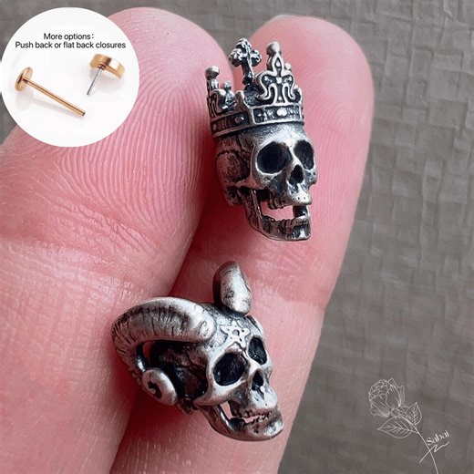 Sterling Silver Skull Stud Earrings With Crown and Horn Gothic Skeleton Cartilage Piercing Titanium Flat Back Earrings for Her - Etsy