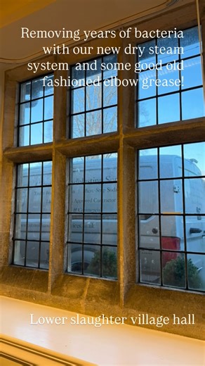 Cleaning up old stone mullion windows for Lower slaughter village hall, ahead of some new discreet secondary glazing being installed, to help with the condensation. #drysteamcleaning #removingbacteria #cleaning #listed #oldwindows | Cotswold Sandblasting Services