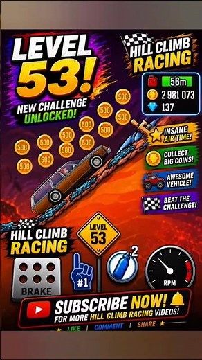 Hill Climb Racing Level 53 🔥 Crazy Lava Climb Challenge | Epic Coin Run #gaming #hillclimbracing