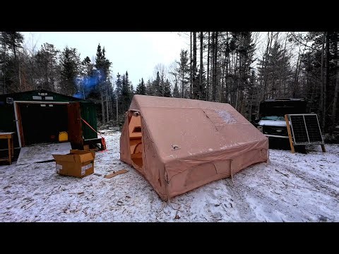 Off Grid Living in a Hot Tent During Winter with Snow and Rain