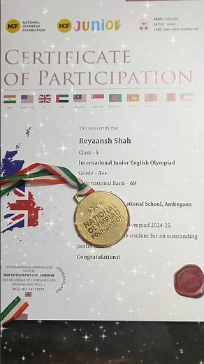 Got GOLD MEDAL from NOF junior NOF Junior Olympiad exam #goldmedal #olympiadexams @nofjunior6852