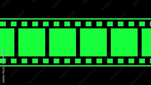 retro movie film strip animation for video intros and transitions. horizontal scrolling filmstrip with a transparent background effect. animated film strip with green screen frames for chroma keying.