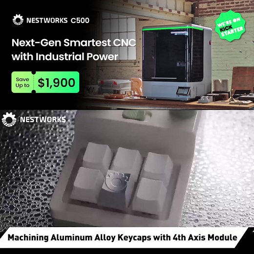NestWorks C500 — Your Ultimate Smart CNC Desktop with Industrial-Grade Power ⚙️ Not some toy desktop CNC — the C500 delivers real industrial performance right from your desktop. Powered by advanced engineering, the C500 doesn’t just follow commands — it understands machining, sometimes even better than we do. All this power, backed by over $4.7M raised on Kickstarter. Live now — 40% OFF for early backers!!🔥🔥 | NestWorks