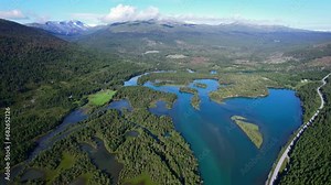 Glacier fed crystal clear lakes of Norway as seen from above