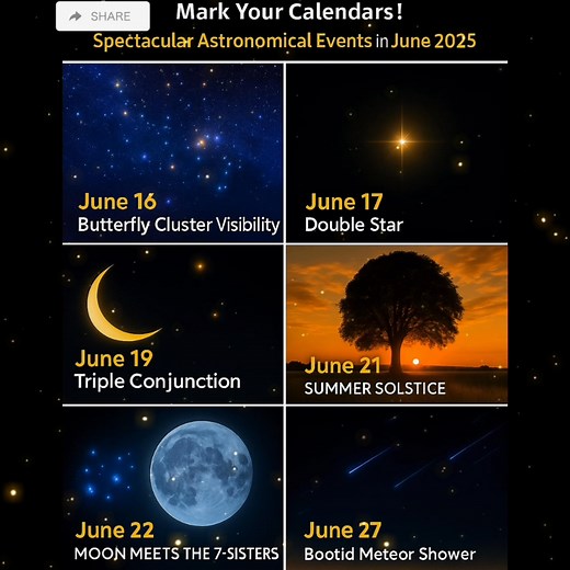 Spectacular Astronomical Events in June 2025 June 2025 is packed with awe-inspiring celestial events! 🌌 From the shimmering Butterfly Cluster to the magical Bootid Meteor Shower, skywatchers are in for a treat. Here's a lineup of the key dates you won’t want to miss: 🔭 June 16 – Butterfly Cluster Visibility 🌟 June 19 – Double Star 🌙 June 19 – Triple Conjunction ☀️ June 21 – Summer Solstice 🌌 June 22 – Moon Meets the 7 Sisters (Pleiades) 🌠 June 27 – Bootid Meteor Shower Grab your telescope 