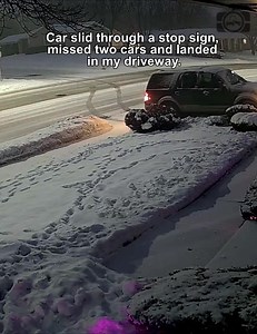 Car slid through a stop sign,missed two cars and landed in my driveway. | Dashcam Lessons