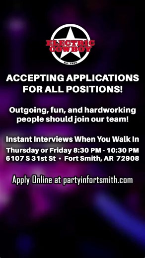 Ready to work where the party never stops? Electric Cowboy Fort Smith is NOW HIRING for all positions! If you’re outgoing, fun, and love high-energy nights, walk in for an instant interview Thursday or Friday from 8:30–10:30 PM. Join the River Valley’s favorite place to party and get paid to be part of the action! Electric Cowboy is an Equal Opportunity Employer | Electric Cowboy Fort Smith