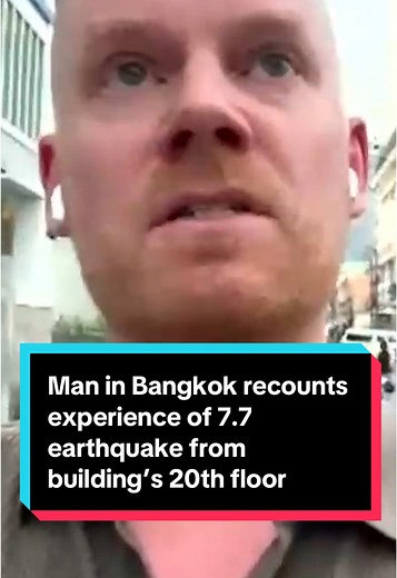 Sebastian Wolff, who was on the 20th floor of a building in Bangkok, Thailand, on Friday when a 7.7 magnitude earthquake hit, said people were “panicking, running out of the building” after the quake “started out of nowhere.” “The whole building was just shaking,” he said from Bangkok, far away from the temblor’s epicenter near Mandalay, Myanmar. “…I did see water flowing over like a waterfall in the building across the street. It was just something I’ve never seen in my life.” #bangkok #thailan