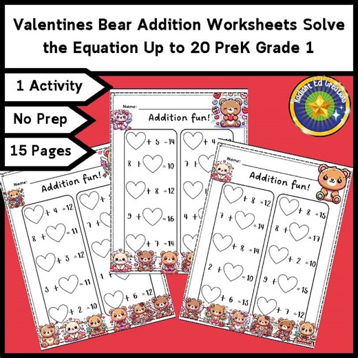 Valentines Bear Addition Math 20 Fact Fluency Place Value Regroup Logic Puzzle