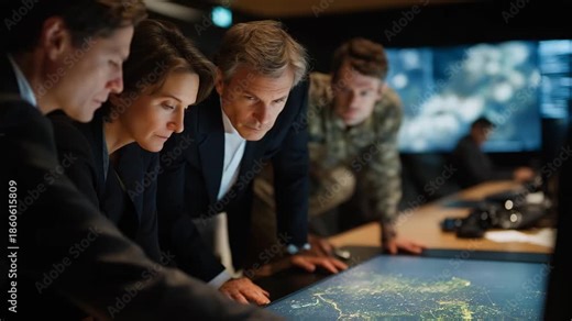 A crisis response team gathered around a digital command table analyzing real-time maps and alerts, coordinating strategies under intense pressure — emergency management, rapid decision-making, and