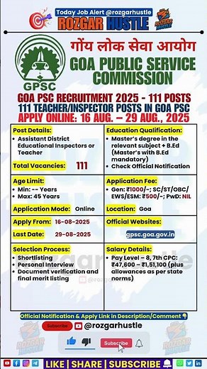 Goa PSC Recruitment 2025 – 111 Inspectors / Teachers | Apply by 29 Aug #shorts #job #govtjobs #goa