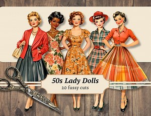 50s Women Paper Dolls, Retro Lady Fussy Cuts, Digital Ephemera, Vintage Printable, Junk Journal Images, Scrapbook Sticker Kit, Collage Sheet - Etsy