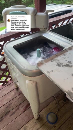 Replying to @🦆TUCK3R🦌 Not too loud at all. The sound will almost put ya to sleep. 💤 💙 #asmrsounds #missflossiethewringer #warsh #maytagwringerwasher #maytag #wringerwashermaytag #wringer #wringerwashertok #laundrydays #wringerwashersoftiktok #wringerwasherasmr #asmrvideo #asmrtiktoks