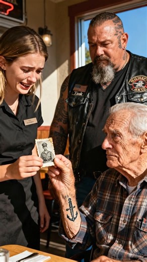I saw them make the old man leave the diner that morning. Then a biker I’d never seen before pulled up and called him by a name that had been buried for sixty years. What I witnessed next, I’m still not sure I was meant to see. You could feel the whispers cut through the Sunday morning chatter at Murphy’s Diner, sharp as a blade. “Look at that old faker,” one of ‘em said, a man in a crisp golf shirt, nodding toward the corner booth. “Grocery store tattoo, trying to score a free meal.” The man th