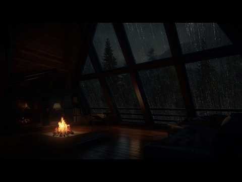 A cozy attic retreat with a fireplace and constant rain in the rainforest, perfect for relaxation.