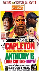 📣EARLYBIRD TICKETS 🎫 ON SALE NOW @eventbrite for King 👑 Shango 🔥🔥🔥birthday bash. 🗓️Sunday April 13, 2025 📍Elegance Banquet Hall 2964 Main Street Hartford, Connecticut. 🎙️Featuring Live Performance by: #Anthonyb, @ikaya1soul @louieculturemusic & King 👑 Shango 🔥🔥🔥 & more‼️ 📣BUY 🎟️ tickets 🔗www.eventbrite.com/e/capleton-ct-fyah-birthday-bash-tickets-1217171926999 or Scan Qrcode on this flyer 🎟️Limited Early Bird Tickets: $35 usd 🎟️General Admission Tickets: $45 usd 🎟️VIP Tickets: