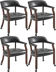 LEEMTORIG Set of 4 Large Dining Chairs with Casters and Arms, Rolling Dining Chairs with Wheels, Accent Game Table Chairs, 26“Dx25.2 Wx31.5“H, Cherry Legs & Black SY-1533-BK